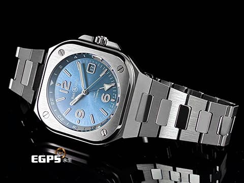 BELL&amp;ROSS 柏萊士 URBAN系列 BR 05 GMT SKY BLUE 不鏽鋼鍊帶款 BR05 GMT 兩地時間 冰藍色面盤  2025年保單 自動上鍊 41mm