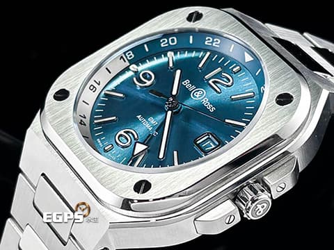 BELL&amp;ROSS 柏萊士 URBAN系列 BR 05 GMT SKY BLUE 不鏽鋼鍊帶款 BR05 GMT 兩地時間 冰藍色面盤  2025年保單 自動上鍊 41mm