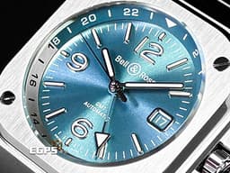 BELL&amp;ROSS 柏萊士 URBAN系列 BR 05 GMT SKY BLUE 不鏽鋼鍊帶款 BR05 GMT 兩地時間 <font color="#70cce1">冰藍色面盤</font> <font color="#FF0000"> 2025年保單 </font>自動上鍊 41mm