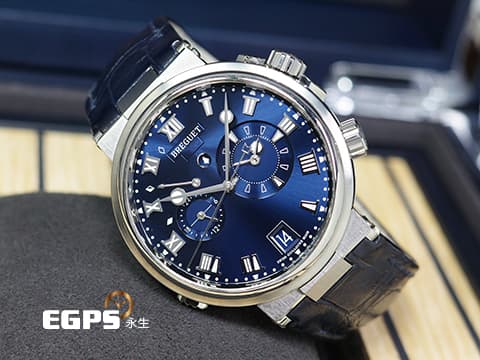 BREGUET 寶璣 Marine Alarme Musicale 航海系列 航海家 5547 TI 鬧鈴 兩地時間 日期顯示 藍色太陽紋面盤 5547TI 鈦金屬 2023年保單 自動上鍊 40mm