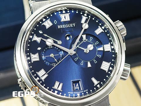 BREGUET 寶璣 Marine Alarme Musicale 航海系列 航海家 5547 TI 鬧鈴 兩地時間 日期顯示 藍色太陽紋面盤 5547TI 鈦金屬 2023年保單 自動上鍊 40mm