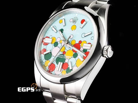 ROLEX 勞力士 Oyster 蠔式恆動 124300 OP41 不鏽鋼材質 「Celebration」由綠、黃、珊瑚紅、糖果粉、綠松石藍色組成「慶典」面盤 2025年停產款 2024年保單 自動上鍊 41mm