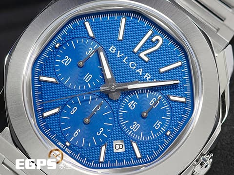 BVLGARI 寶格麗 Octo Roma Chronograph 不鏽鋼 八角形 103829 計時碼錶 新款 藍色巴黎釘紋錶盤 快拆式錶帶 另附原廠橡膠錶帶組  2025年保單 自動上鍊 42mm