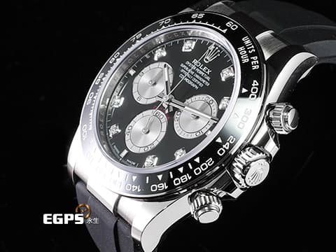 ROLEX 勞力士 Daytona 126519LN 迪通拿 計時碼表 18K白金材質 膠帶款  2025年保卡  原鑲鑽石時標 黑色熊貓面盤&nbsp;新款Rolex Glidelock延展系統摺疊帶扣&nbsp;自動上鏈 40mm