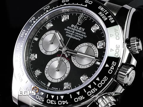 ROLEX 勞力士 Daytona 126519LN 迪通拿 計時碼表 18K白金材質 膠帶款  2025年保卡  原鑲鑽石時標 黑色熊貓面盤&nbsp;新款Rolex Glidelock延展系統摺疊帶扣&nbsp;自動上鏈 40mm