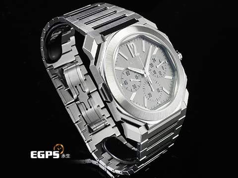 BVLGARI 寶格麗 Octo Finissimo Chronograph GMT 不鏽鋼材質 103661 兩地時間 計時碼錶 銀色垂直髮絲紋面盤 鍍銠時標 超薄 2024年保單 自動上鍊 43mm