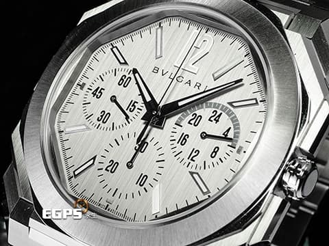 BVLGARI 寶格麗 Octo Finissimo Chronograph GMT 不鏽鋼材質 103661 兩地時間 計時碼錶 銀色垂直髮絲紋面盤 鍍銠時標 超薄 2024年保單 自動上鍊 43mm