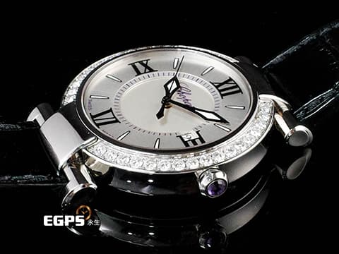CHOPARD 蕭邦 Imperiale系列 388532-3001 不鏽鋼材質 388532 銀色雕刻刺繡圖案面盤 精鑲鑲鑽錶圈 錶冠鑲嵌一顆凸圓形紫水晶 石英機芯 36mm