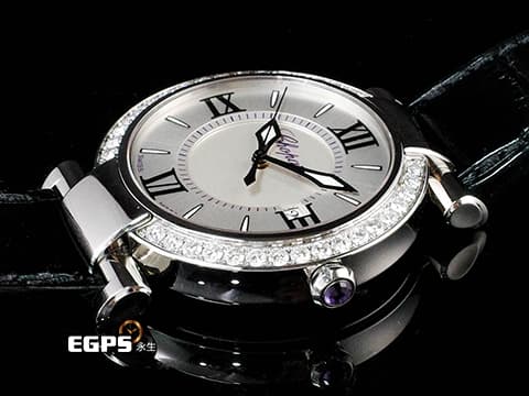 CHOPARD 蕭邦 Imperiale系列 388532-3003 不鏽鋼材質 388532 銀色雕刻刺繡圖案面盤 原廠鑲鑽錶圈 錶冠鑲嵌一顆凸圓形紫水晶（重約0.10克拉） 2024年保單 石英機芯 36mm