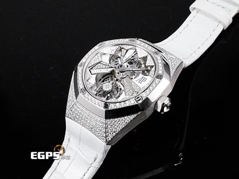 Audemars Piguet 愛彼 AP錶 Royal Oak Concept Flying Tourbillon 皇家橡樹 概念系列 26227BC 18K白金材質 26227BC.ZZ.D011CR.01 原廠鑲嵌468顆鑽石（共3.67克拉） 飛行陀飛輪  錶冠鑲嵌一顆半透明的凸圓形藍寶石 附贈一條白色「星座」橡膠錶帶 手動上鏈 38.5mm