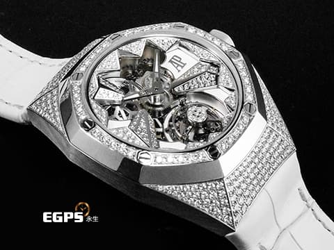 Audemars Piguet 愛彼 AP錶 Royal Oak Concept Flying Tourbillon 皇家橡樹 概念系列 26227BC 18K白金材質 26227BC.ZZ.D011CR.01 原廠鑲嵌468顆鑽石（共3.67克拉） 飛行陀飛輪  錶冠鑲嵌一顆半透明的凸圓形藍寶石 附贈一條白色「星座」橡膠錶帶 手動上鏈 38.5mm