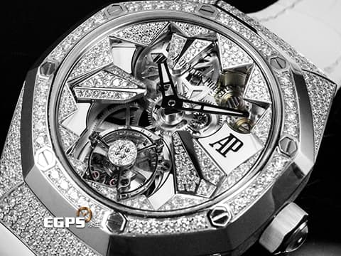 Audemars Piguet 愛彼 AP錶 Royal Oak Concept Flying Tourbillon 皇家橡樹 概念系列 26227BC 18K白金材質 26227BC.ZZ.D011CR.01 原廠鑲嵌468顆鑽石（共3.67克拉） 飛行陀飛輪  錶冠鑲嵌一顆半透明的凸圓形藍寶石 附贈一條白色「星座」橡膠錶帶 手動上鏈 38.5mm