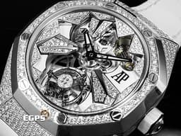 Audemars Piguet 愛彼 AP錶 Royal Oak Concept Flying Tourbillon 皇家橡樹 概念系列 26227BC 18K白金材質 26227BC.ZZ.D011CR.01 <font color=#869edd>原廠鑲嵌468顆鑽石（共3.67克拉） 飛行陀飛輪 </font> <font color=#FF0000>錶冠鑲嵌一顆半透明的凸圓形藍寶石 附贈一條白色「星座」橡膠錶帶</font> 手動上鏈 38.5mm