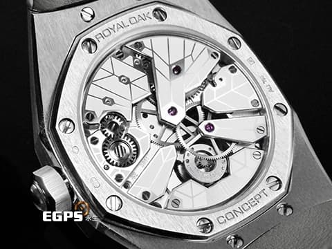 Audemars Piguet 愛彼 AP錶 Royal Oak Concept Flying Tourbillon 皇家橡樹 概念系列 26227BC 18K白金材質 26227BC.ZZ.D011CR.01 原廠鑲嵌468顆鑽石（共3.67克拉） 飛行陀飛輪  錶冠鑲嵌一顆半透明的凸圓形藍寶石 附贈一條白色「星座」橡膠錶帶 手動上鏈 38.5mm