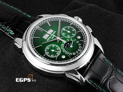 Patek philippe 百達翡麗 PP 5270P-001 鉑金材質 5270P Platium 萬年曆 月相顯示 計時功能 超複雜功能時計系列  漸層綠漆面盤 綠色縫線黑色皮錶帶  2023年保單 新錶參考訂價：7,117,000元 此錶歡迎各路錶友以 PP、AP、勞力士 來店交換，本店將以最高價評估～ 手上鍊 41mm