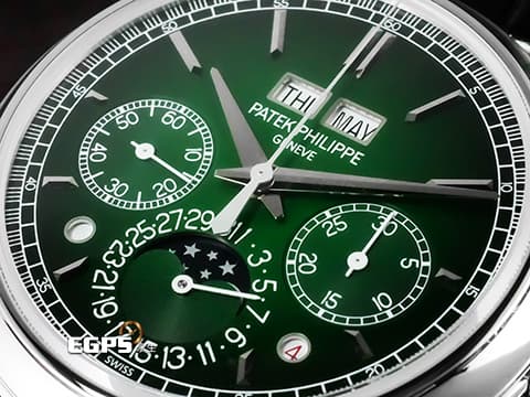 Patek philippe 百達翡麗 PP 5270P-001 鉑金材質 5270P Platium 萬年曆 月相顯示 計時功能 超複雜功能時計系列  漸層綠漆面盤 綠色縫線黑色皮錶帶  2023年保單 新錶參考訂價：7,117,000元 此錶歡迎各路錶友以 PP、AP、勞力士 來店交換，本店將以最高價評估～ 手上鍊 41mm