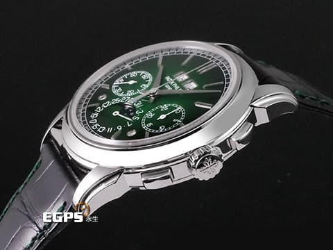 Patek philippe 百達翡麗 PP 5270P-001 鉑金材質 5270P Platium 萬年曆 月相顯示 計時功能 超複雜功能時計系列  漸層綠漆面盤 綠色縫線黑色皮錶帶  2023年保單 新錶參考訂價：7,117,000元 此錶歡迎各路錶友以 PP、AP、勞力士 來店交換，本店將以最高價評估～ 手上鍊 41mm