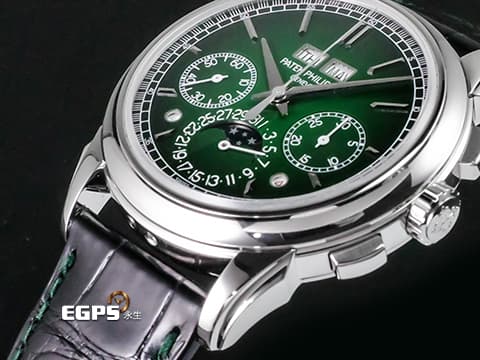 Patek philippe 百達翡麗 PP 5270P-001 鉑金材質 5270P Platium 萬年曆 月相顯示 計時功能 超複雜功能時計系列  漸層綠漆面盤 綠色縫線黑色皮錶帶  2023年保單 新錶參考訂價：7,117,000元 此錶歡迎各路錶友以 PP、AP、勞力士 來店交換，本店將以最高價評估～ 手上鍊 41mm