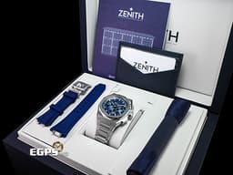 ZENITH 真力時 DEFY Skyline 碟飛 天際線 03.9500.3600/51.I001&nbsp;<font color="#468bcc">藍色四芒星飾太陽紋面盤</font>&nbsp;高振頻 1/10秒 計時碼表 不鏽鋼材質&nbsp;<font color="#FF0000">2024年台灣公司貨 新式錶帶快拆設計 附原廠藍色橡膠錶帶 </font> 自動上鍊 42mm