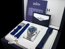 ZENITH 真力時 DEFY Skyline 碟飛 03.9500.3600/51.I001 不鏽鋼材質 <font color=#468bcc>藍色旭日紋圖案面盤</font> <font color=#FF0000> 2024年保單 附原廠藍色橡膠錶帶 </font> 自動上鍊 41mm