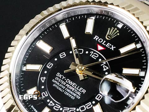 ROLEX 勞力士 Sky-Dweller 336933 天行者 不鏽鋼&amp;18K黃金材質 半金款 年曆錶 半金黑色面盤天行者 Cal.9002機芯  2023年保卡 板帶款  自動上鍊 42mm