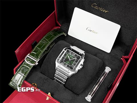 CARTIER 卡地亞 Santos de Cartier 山度士 WSSA0062 綠色太陽紋面盤 大型 不鏽鋼材質&nbsp; 快拆式錶帶 附原廠綠色皮帶 2024年保卡&nbsp;自動上鍊 40mm