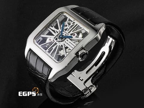 CARTIER 卡地亞 SANTOS DE CARITER DUMONT 山度士 杜蒙特 鏤空腕錶 W2020033   18K白金材質 七邊形錶冠鑲嵌一顆深藍色玉石  羅馬數字形鏤空錶橋面盤 2023保單 新錶訂價：1,660,000元 手動上鍊 39.7mm