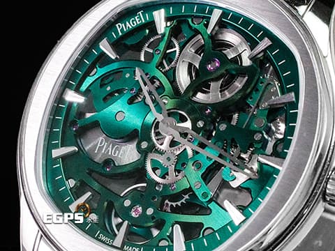 PIAGET 伯爵 Polo Skeleton系列 枕型 G0A47008 不鏽鋼材質 綠色鏤空面盤 微型自動盤超薄鏤空機芯 新式快拆錶帶 2023年保卡 自動上鍊 42mm