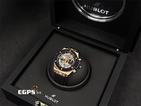 HUBLOT 宇舶 Big Bang Unico 大爆炸 441.OM.1181.RX 飛返 計時碼表&nbsp;King Gold 王金材質 玫瑰金&nbsp;黑陶瓷錶圈 鏤空面盤 2022年電子保單 自動上鏈 42mm