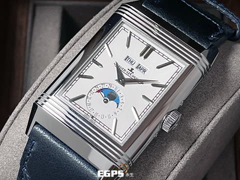 Jaeger Le-Coultre 積家 REVERSO Reverso Tribute Moon Q3918420 不銹鋼材質 GMT JLC特色獨特雙時區月相翻轉REVERSO工藝 高水準工藝~藍白雙色面盤~   2024年保單  手動上鍊 49.4 x 29.9 mm