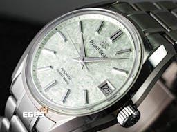 GRAND SEIKO 特級精工 GS 精工 Heritage Collection系列 SBGH343 Hi-Beat 36000 高振頻 <font color=#d7ec9d>錶盤設計源自 二十四節氣「清明」，此時萌發的櫻花新葉，淺粉色的櫻花花瓣間，新葉在陽光下閃爍著清新的淺綠色光芒</font> 白鈦材質 <font color=#FF0000>2024年保單</font> 自動上鍊 38mm