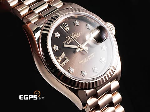 ROLEX 勞力士 Lady-Datejust 279175 18K玫瑰金材質 巧克力面盤 原廠星形鑽石時標 鑲8顆鑽石的18K金羅馬數字IX 2017年保卡 新錶訂價：1,181.500元 元首型（President）錶帶 自動腕錶 28mm