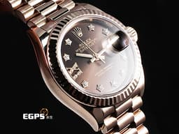 ROLEX 勞力士 Lady-Datejust 279175 18K玫瑰金材質 <font color=#ffaf81>巧克力面盤 原廠星形鑽石時標 鑲8顆鑽石的18K金羅馬數字IX</font> <font color=#ff0000>2017年保卡 新錶訂價：1,181.500元 元首型（President）錶帶</font> 自動腕錶 28mm