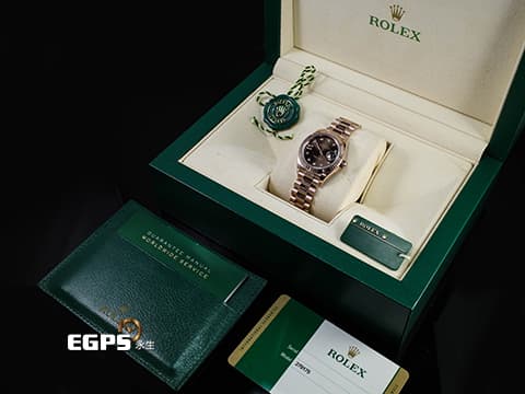 ROLEX 勞力士 Lady-Datejust 279175 18K玫瑰金材質 巧克力面盤 原廠星形鑽石時標 鑲8顆鑽石的18K金羅馬數字IX 2017年保卡 新錶訂價：1,181.500元 元首型（President）錶帶 自動腕錶 28mm