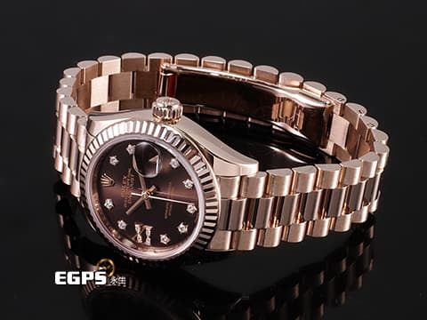 ROLEX 勞力士 Lady-Datejust 279175 18K玫瑰金材質 巧克力面盤 原廠星形鑽石時標 鑲8顆鑽石的18K金羅馬數字IX 2017年保卡 新錶訂價：1,181.500元 元首型（President）錶帶 自動腕錶 28mm