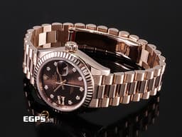 ROLEX 勞力士 Lady-Datejust 279175 18K玫瑰金材質 <font color=#ffaf81>巧克力面盤 原廠星形鑽石時標 鑲8顆鑽石的18K金羅馬數字IX</font> <font color=#ff0000>2017年保卡 新錶訂價：1,181.500元 元首型（President）錶帶</font> 自動腕錶 28mm