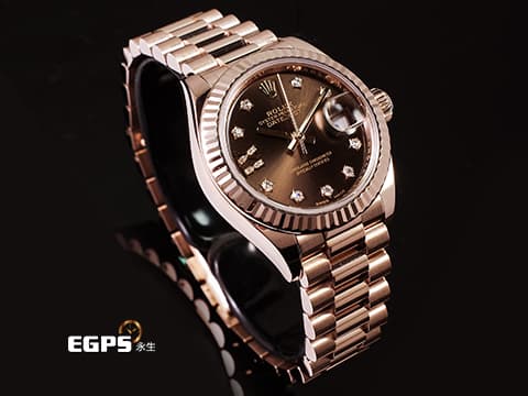 ROLEX 勞力士 Lady-Datejust 279175 18K玫瑰金材質 巧克力面盤 原廠星形鑽石時標 鑲8顆鑽石的18K金羅馬數字IX 2017年保卡 新錶訂價：1,181.500元 元首型（President）錶帶 自動腕錶 28mm