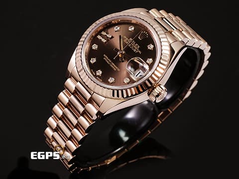 ROLEX 勞力士 Lady-Datejust 279175 18K玫瑰金材質 巧克力面盤 原廠星形鑽石時標 鑲8顆鑽石的18K金羅馬數字IX 2017年保卡 新錶訂價：1,181.500元 元首型（President）錶帶 自動腕錶 28mm