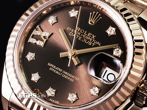 ROLEX 勞力士 Lady-Datejust 279175 18K玫瑰金材質 巧克力面盤 原廠星形鑽石時標 鑲8顆鑽石的18K金羅馬數字IX 2017年保卡 新錶訂價：1,181.500元 元首型（President）錶帶 自動腕錶 28mm