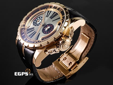 ROGER DUBUIS 羅杰杜彼 Excalibur 王者系列 DBEX0258 18K玫瑰金材質 三地時間日夜顯示 特殊錶冠保護設計 2016年保單 限量88支 新錶參考訂價$2,229,500元 自動上鍊 45mm