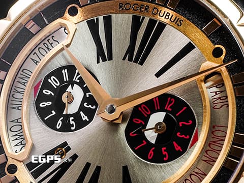 ROGER DUBUIS 羅杰杜彼 Excalibur 王者系列 DBEX0258 18K玫瑰金材質 三地時間日夜顯示 特殊錶冠保護設計 2016年保單 限量88支 新錶參考訂價$2,229,500元 自動上鍊 45mm