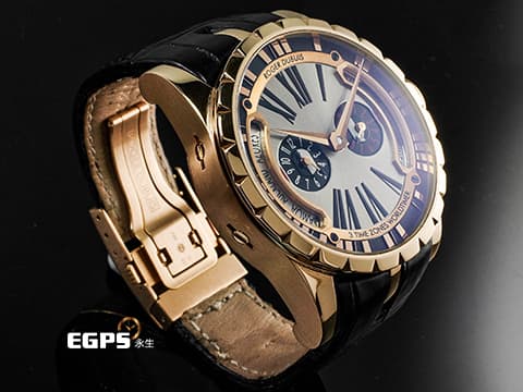 ROGER DUBUIS 羅杰杜彼 Excalibur 王者系列 DBEX0258 18K玫瑰金材質 三地時間日夜顯示 特殊錶冠保護設計 2016年保單 限量88支 新錶參考訂價$2,229,500元 自動上鍊 45mm