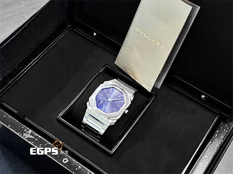 BVLGARI 寶格麗 Octo Finissimo系列 103431 藍色太陽放射紋面盤 小秒針 不鏽鋼 超薄 鉑金微型自動盤，2024年保單 自動上鍊 40mm