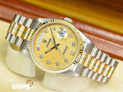 ROLEX 勞力士 Oyster Day-Date 36 蠔式 星期日曆型 18239BIC 原廠鑽石時標 金色紀念浮雕面盤 18239 BIC 罕見三色金錶帶 18K白金 18K黃金 玫瑰金 DD36 台灣公司貨 盒單齊全 自動上鍊 36mm