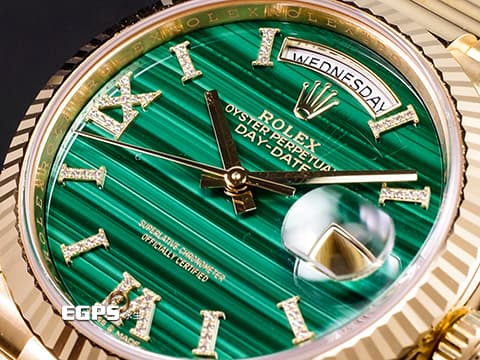 ROLEX 勞力士 Day-Date 36 星期日曆型 128238 18K黃金材質  綠色孔雀石面盤 原廠鑲嵌鑽石羅馬時標  2022年單新式綠卡 保有部分原廠膠膜   此錶歡迎各路錶友以 PP、AP、勞力士 來店交換，本店將以最高價評估～ 自動上鍊 36mm