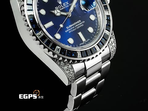 ROLEX 勞力士 SUBMARINER 116659SABR 116659 18K白金材質 原廠藍寶石鑽石錶圈 原廠鑲鑽錶耳   2021年單新式綠卡，頂級藍水鬼，稀有夢幻收藏款！  此錶歡迎各路錶友以 PP、AP、勞力士 來店交換，本店將以最高價評估～ 自動上鍊 40mm