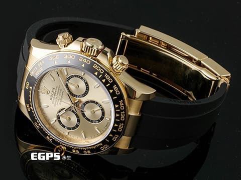 ROLEX 勞力士 Daytona 迪通拿 126518LN 計時碼表 18K黃金材質 金色面盤搭配黑色計時圈 陶瓷錶圈 最新4131機芯 快調延展錶扣 2024年保卡 126518 LN 歡迎各錶友以 PP、AP、勞力士 來店交換，本店將以最高價評估～ 賽車錶 自動上鍊 40mm