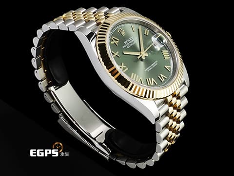 ROLEX 勞力士 DateJust 41 蠔式日誌型 126333 18K黃金材質 半金款 DJ41 經典三角坑紋錶圈 新款綠色面盤搭配金質立體羅馬時標&nbsp;2026年保單 紀念型（Jubilee）五銖錶帶 自動上鍊 41mm