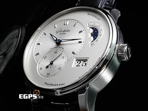 GLASHUTTE ORIGINAL 格拉蘇蒂 Pano PanoMaticLunar 1-90-02-42-32-05 不鏽鋼材質 偏心月相 德式經典大日期窗 透明底蓋 雙鵝頸  2023保單 商務菁英，低調穩重的選擇  自動上鍊 40mm