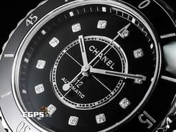 CHANEL 香奈兒 J12 Caliber 12.2系列 Black Ceramic H9742 <font color=#4F4F4F>黑陶瓷</font> <font color=#ffff00>鑲嵌12顆鑽石時標(總重約0.06克拉)</font> <font color=#FF0000>新機芯 透明錶背 2025年保卡</font> 自動上鍊 33mm